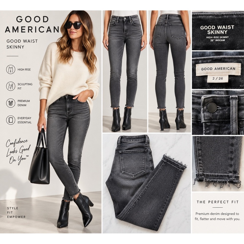 Good American Good Waist Skinny Jeans Women 2/26 Black High Rise Raw Hem 26"